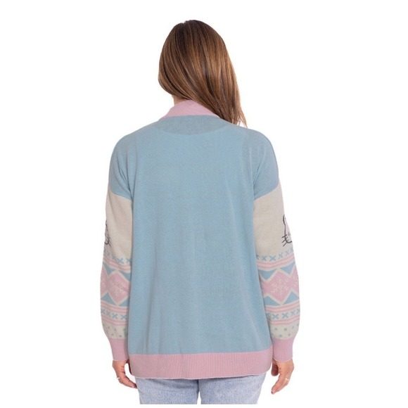 Sanrio Hello Kitty Button Cardigan Sweater Fair Isle Pink Blue Large NWT - Picture 3 of 8